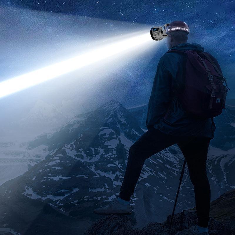 Hiker with backpack using a powerful LED headlamp atop snowy mountain at night, clarioy auto tools