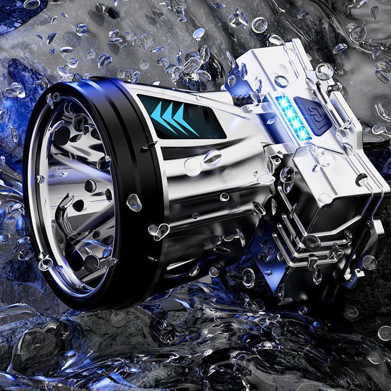 Waterproof LED flashlight with chrome finish and blue lights, splashing in water, clarioy auto tool