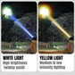 Person outdoors at night using a flashlight with white and yellow beam modes, comparing brightness levels.