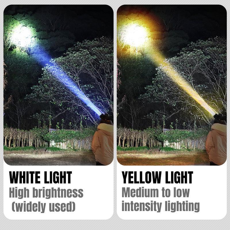 Person outdoors at night using a flashlight with white and yellow beam modes, comparing brightness levels.