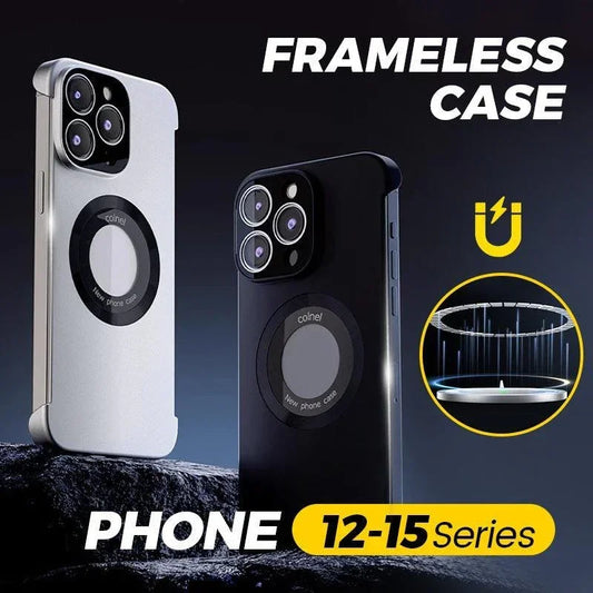 Frameless magnetic phone case for iPhone 12-15 series in silver and black, clarioy