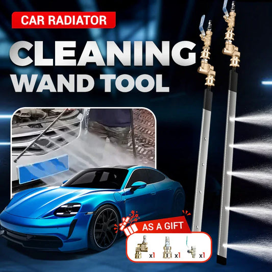 Car radiator cleaning wand tool with spray jets, blue sports car, and accessory gift icons