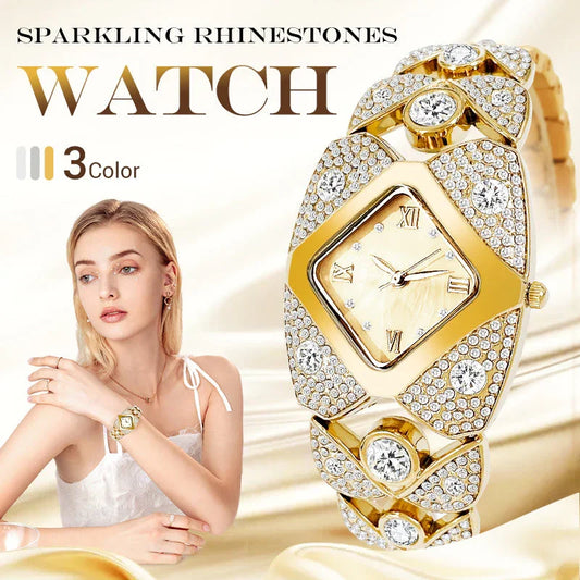 Gold sparkling rhinestone watch with Roman numeral dial, model wearing luxury wristwatch