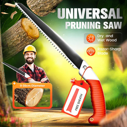 Universal pruning saw with red handle cutting tree branches, promo for clarioy auto tool shop.