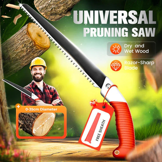 Universal pruning saw with red handle cutting tree branches, promo for clarioy auto tool shop.