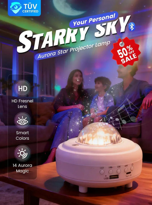 Family enjoying clarioy star projector lamp on table, colorful aurora lights in living room