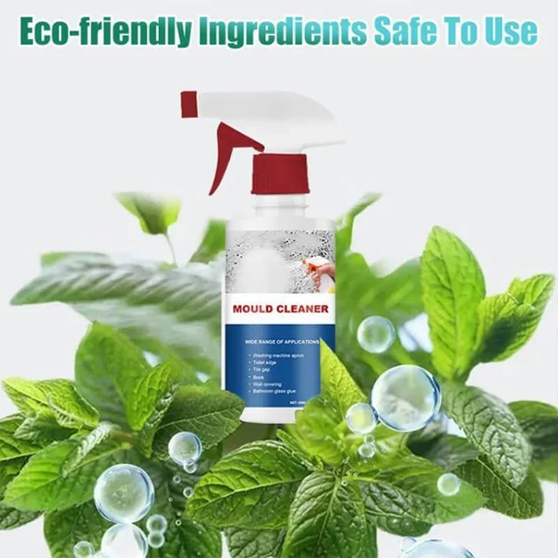 Eco-friendly mould cleaner spray bottle on fresh green leaves, safe household cleaning product