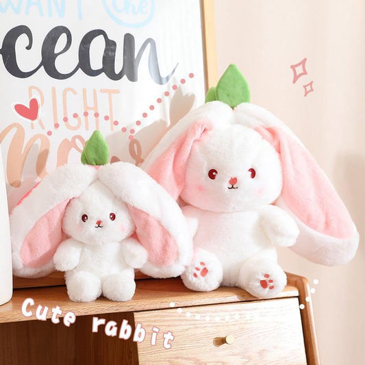 Clarioy plush bunny dolls with pink ears and green leaf tops on wooden table, cute home decor