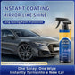 Premium auto coating spray bottle next to a shiny gray car, showing mirror-like paint finish
