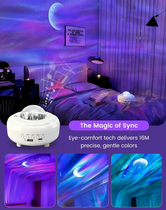 clarioy LED star projector creating colorful night sky effect in cozy bedroom setting