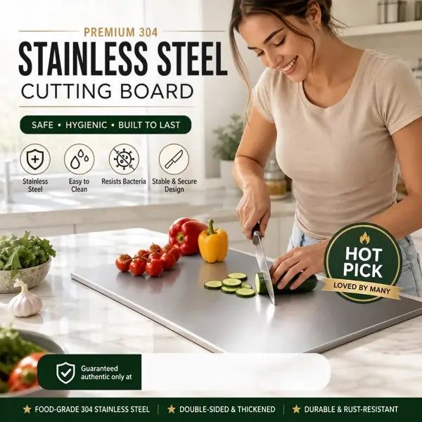 📢📢50% OFF !!⏰👩‍🍳🔪Must‑Have Cooking Tool！🥩🥦Safer, Cleaner & More Convenient!💥304 Stainless Steel Cutting Board