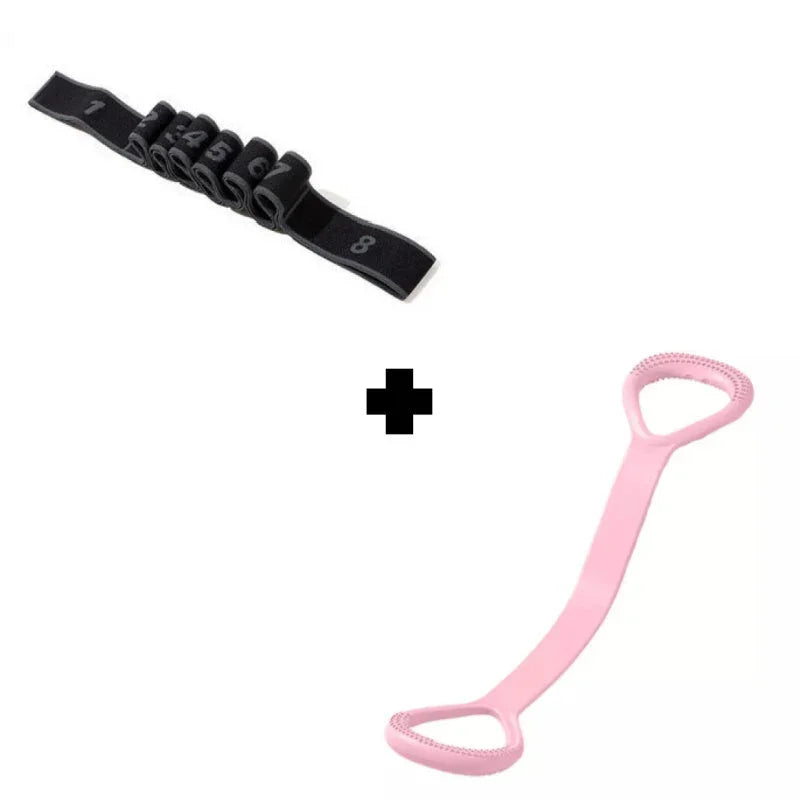 Black numbered stretch band and pink handle stretch strap combo on white background, clarioy fitness accessories.