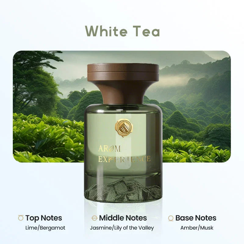 Arom Experience White Tea perfume bottle with green tea field background, highlighting top notes of lime and bergamot, middle notes of jasmine and lily of the valley, and base notes of amber and musk, premium home fragrance from clarioy.
