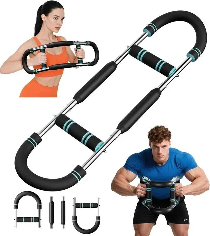 Adjustable push-up bar exercise tool with foam grips, used by man and woman for home workouts