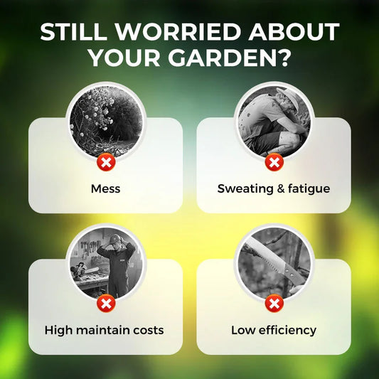 Clarioy garden concerns infographic showing mess, sweating, high maintenance costs, low efficiency