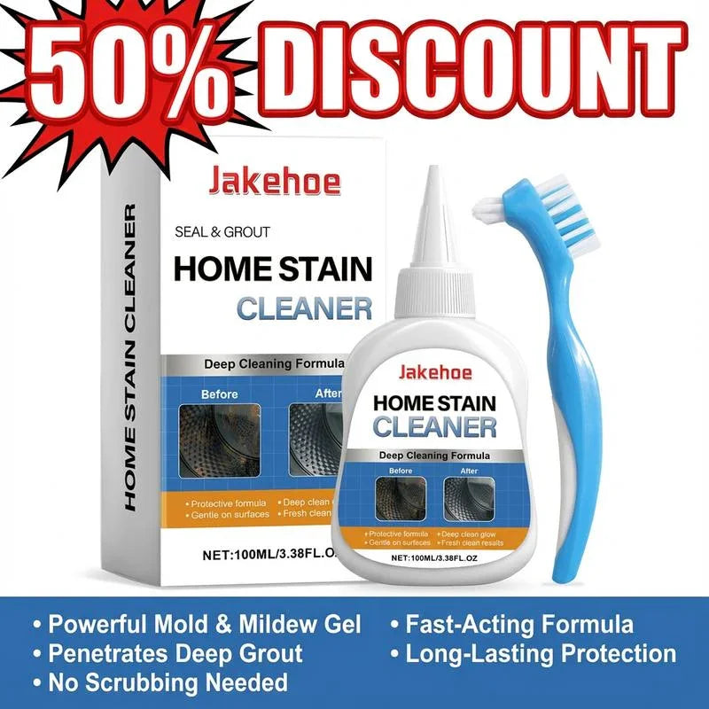 Jakehoe home stain cleaner bottle, box, and cleaning brush with 50% discount banner, clarioy auto tools homeware sale