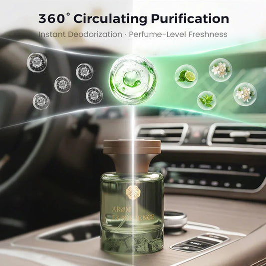 Arom Experience car air purifier on dashboard, promoting 360° circulating purification and freshness