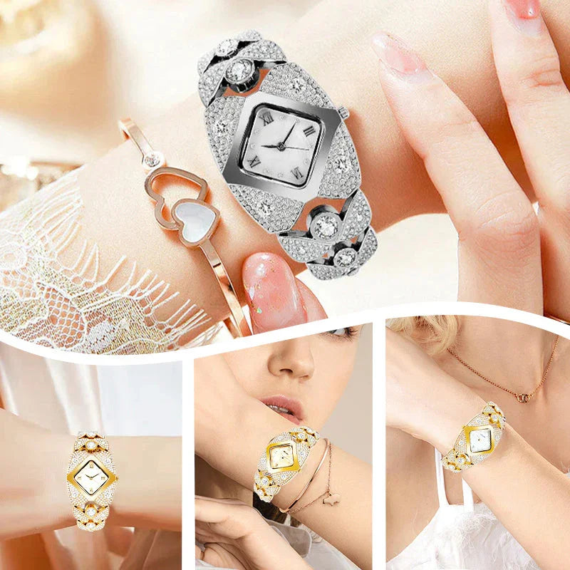 Elegant women's luxury diamond watch with crystal bracelet shown on wrists, clarioy jewelry.