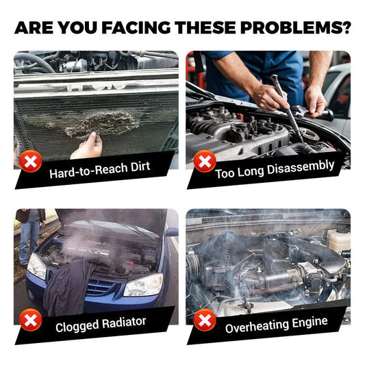 Automotive problems collage with hard-to-reach dirt, difficult disassembly, clogged radiator, overheating engine; clarioy auto tools solution.