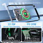 Clarioy fast wireless charger with transparent circuit, iPhone and Samsung charging speeds shown.