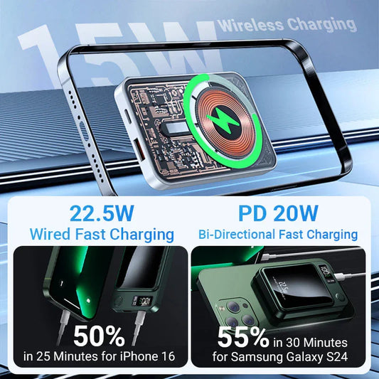 Clarioy fast wireless charger with transparent circuit, iPhone and Samsung charging speeds shown.