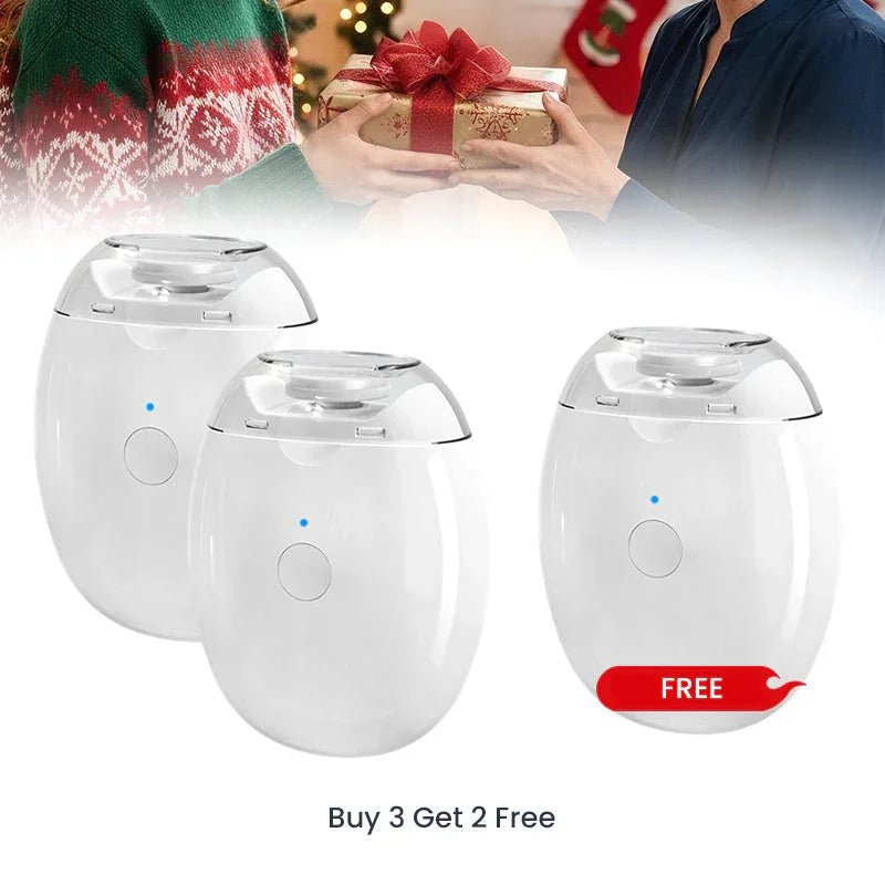 Gift exchange near Christmas tree and five Clarioy portable home humidifiers, buy 3 get 2 free offer.