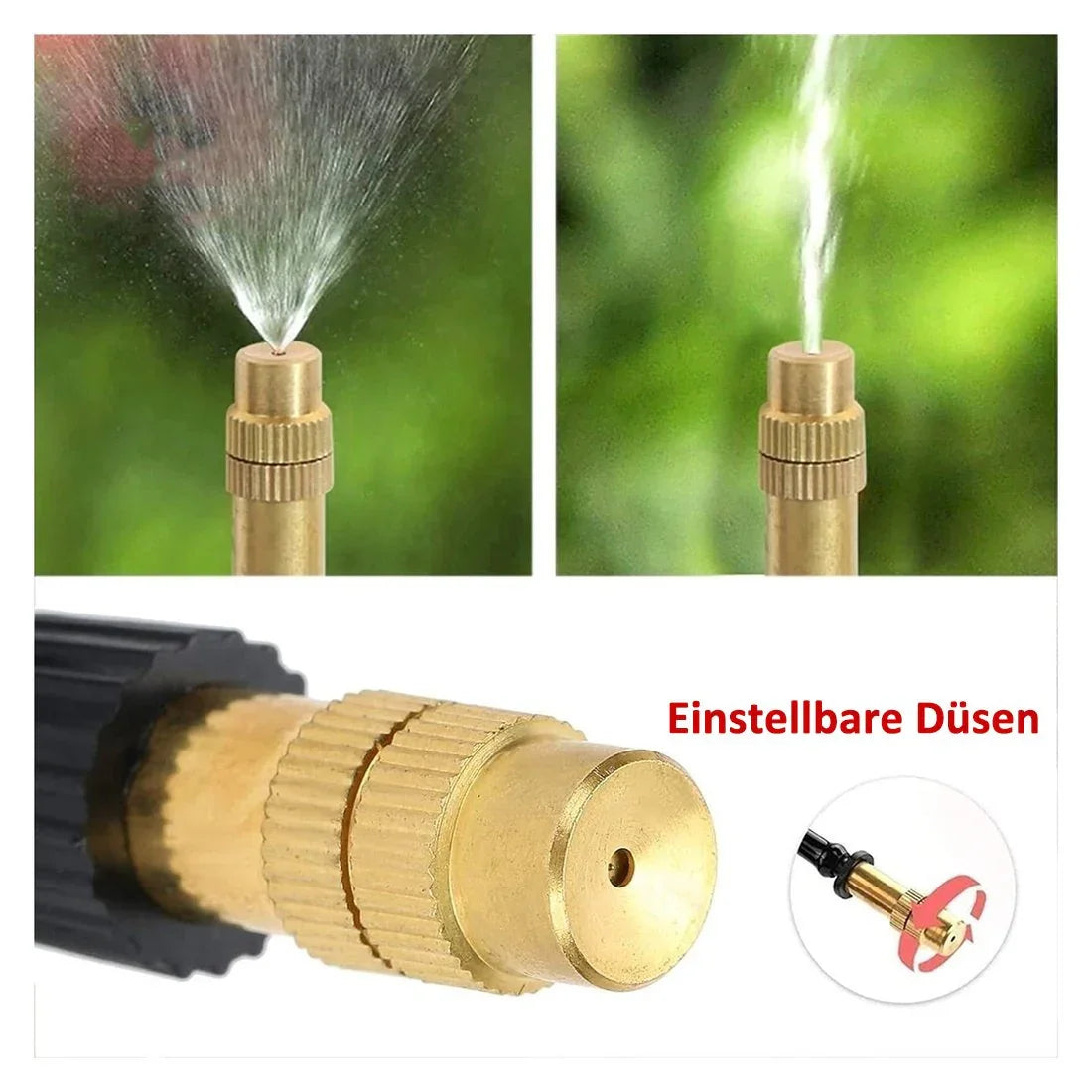 Adjustable brass spray nozzle for garden hose, showing mist and jet settings on green background