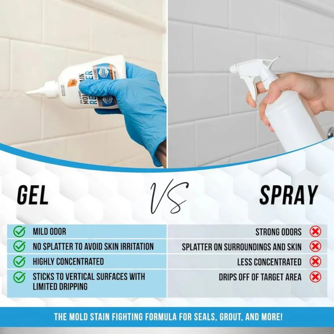 Comparison of gel vs spray cleaners for tile grout, showing a gloved hand applying gel and another hand spraying cleaner against white bathroom tiles; infographic displays pros and cons for both cleaning methods. clarioy homeware cleaning tools.