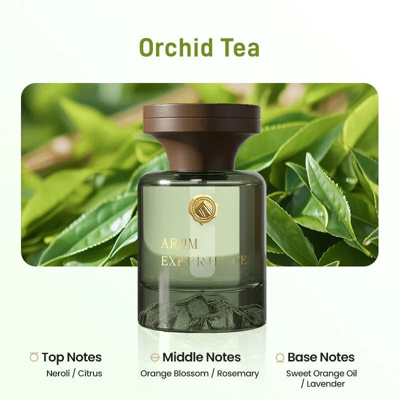 Orchid Tea scented fragrance bottle with green tea leaves background, top middle and base notes listed