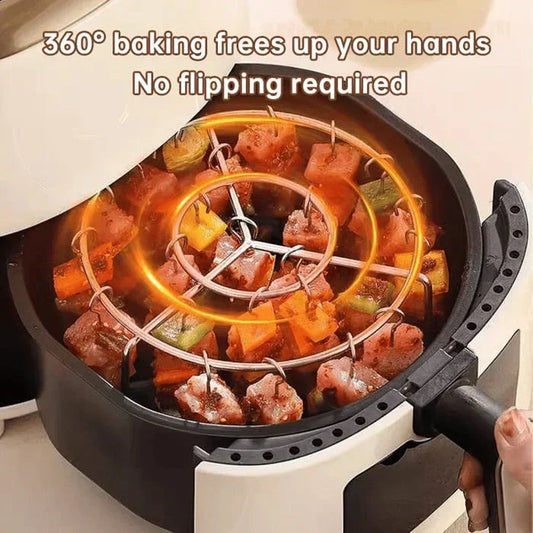 Rotating air fryer basket cooking skewered meat and vegetables, 360° baking, clarioy homeware