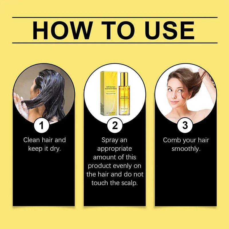 How to use hair care oil instructions with step-by-step images and text on a yellow background.