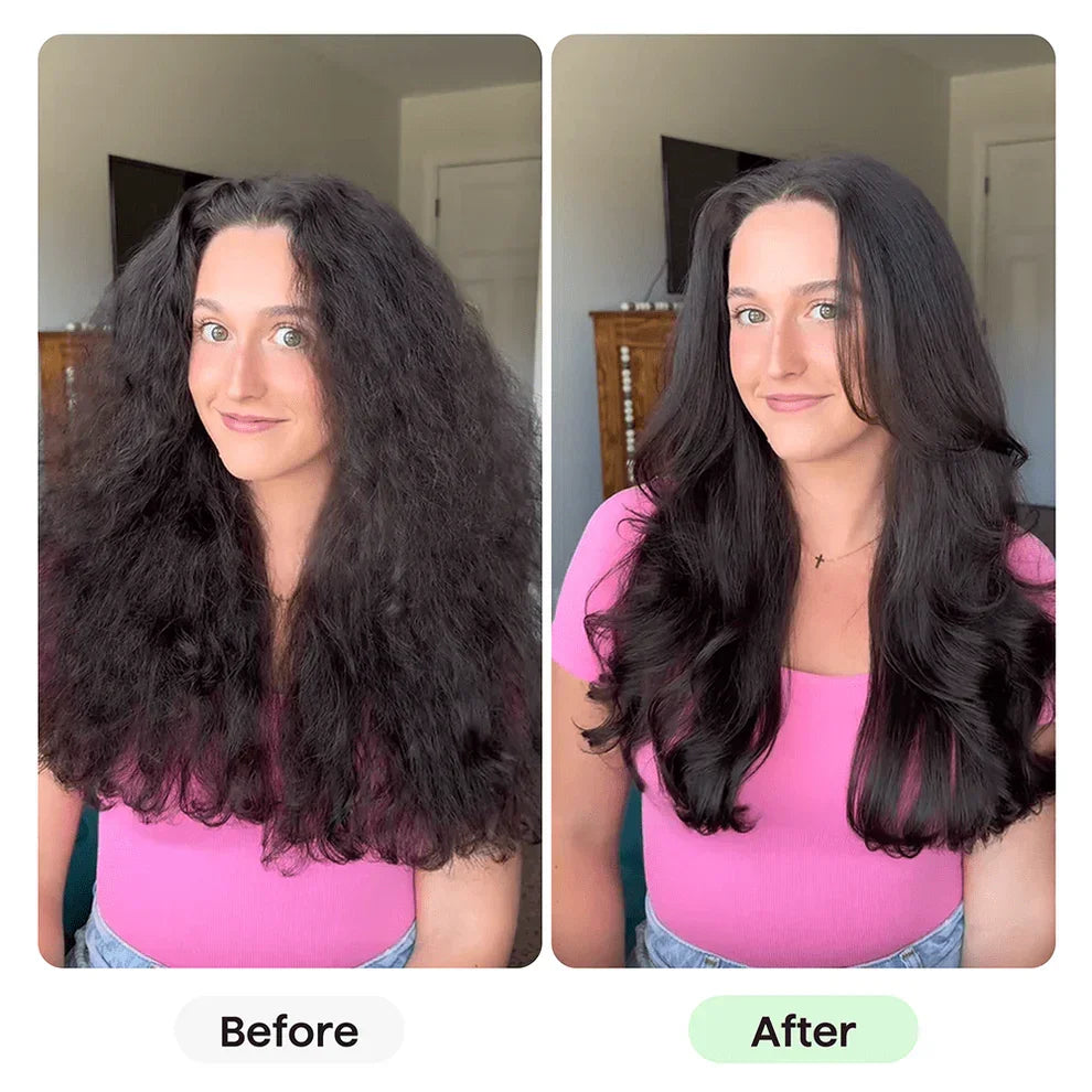 Woman before and after hair smoothing treatment, showcasing frizzy to sleek hair results