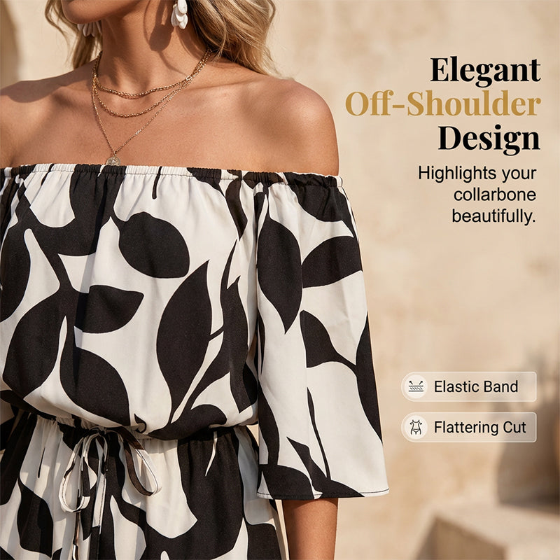 👗 LIMITED-TIME 50% OFF! ✨ Women's Off-Shoulder Shorts Jumpsuit – Abstract Print, Drawstring Waist, Vacation Ready 🌿
