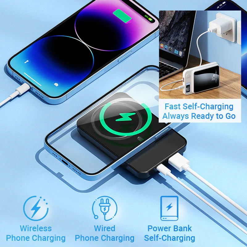 Wireless and wired phone charging with power bank, Clarioy electronics, fast self-charging