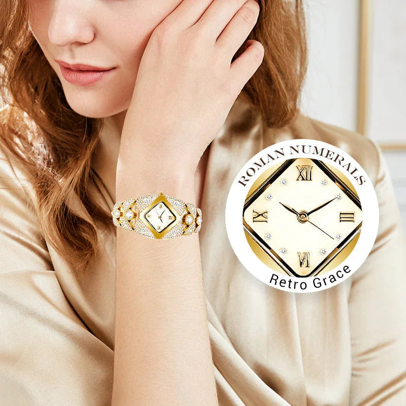 Woman wearing a gold diamond Roman numeral watch, retro luxury jewelry from clarioy