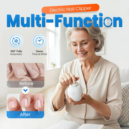 Smiling older woman using electric nail clipper at home, before and after nail care results shown