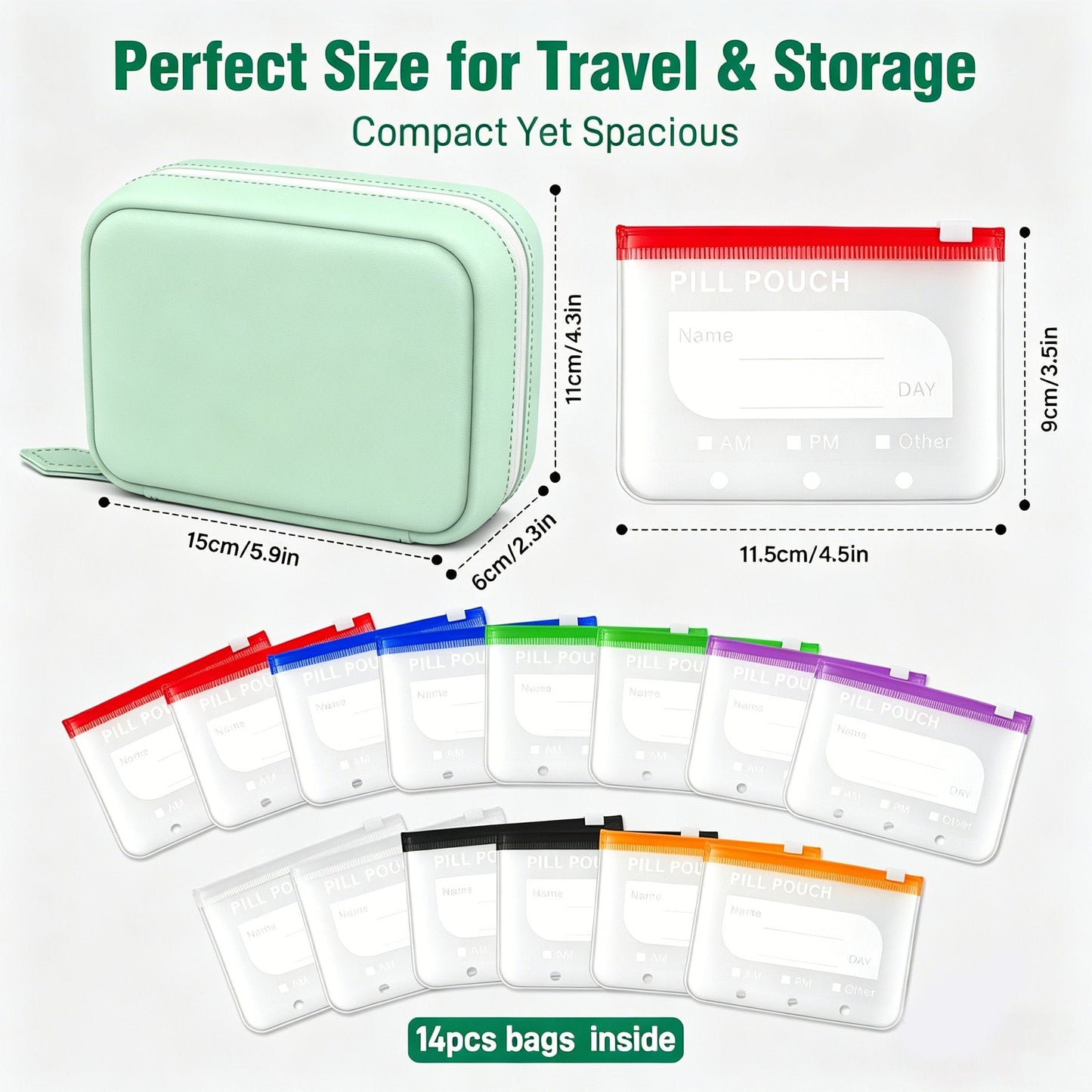 💊 A8 Waterproof 14 Color-Coded Pill Pouches Organizer – Portable Binder-Style Weekly Travel Medicine Storage Case for Pills, Vitamins & Supplements