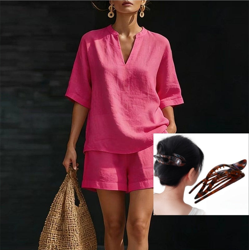 Women's Casual V-Neck Two-Piece Short Set
