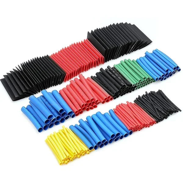 Assorted heat shrink tubing set in black, red, blue, yellow, and green for auto and electronics
