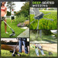 Multiple people using electric weed trimmers for deep-seated lawn weeding in gardens and yards.