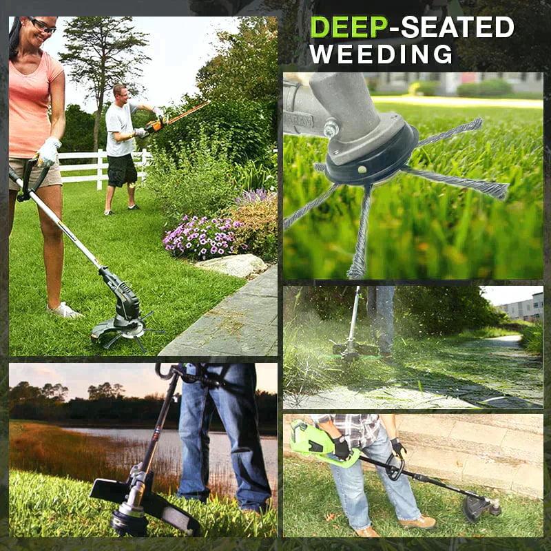 Multiple people using electric weed trimmers for deep-seated lawn weeding in gardens and yards.