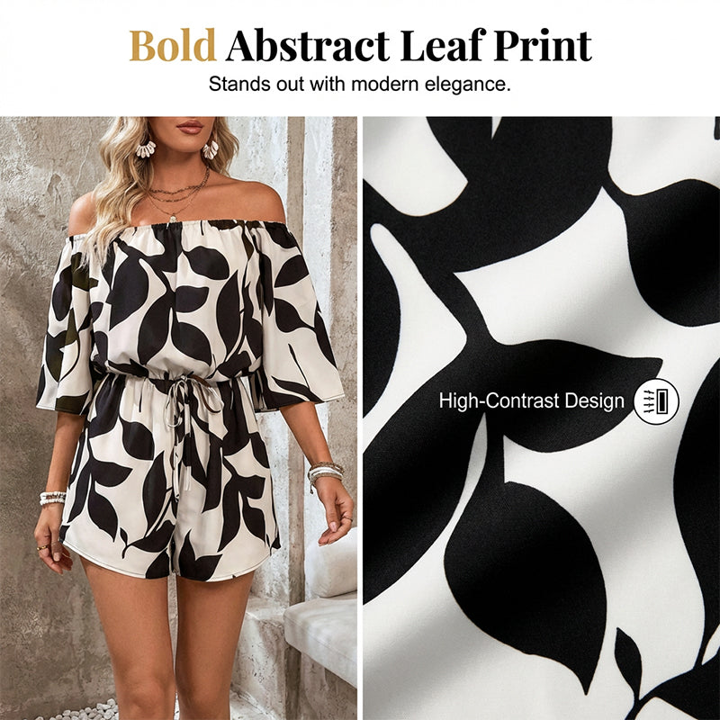 👗 LIMITED-TIME 50% OFF! ✨ Women's Off-Shoulder Shorts Jumpsuit – Abstract Print, Drawstring Waist, Vacation Ready 🌿
