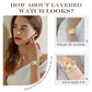 Woman modeling layered gold watch with pearl accents, highlighting solo and stacked bracelet looks from clarioy.