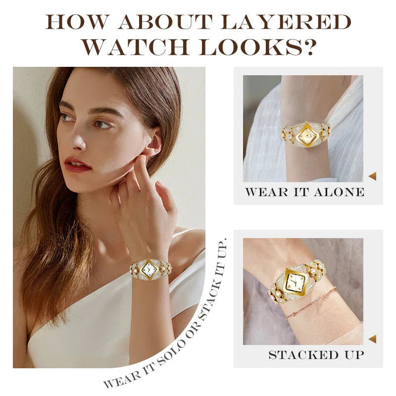 Woman modeling layered gold watch with pearl accents, highlighting solo and stacked bracelet looks from clarioy.