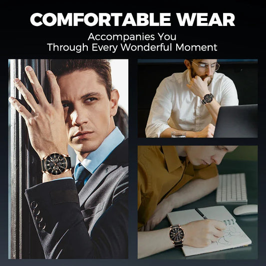 Men wearing stylish black wristwatches in business and creative settings, premium accessories