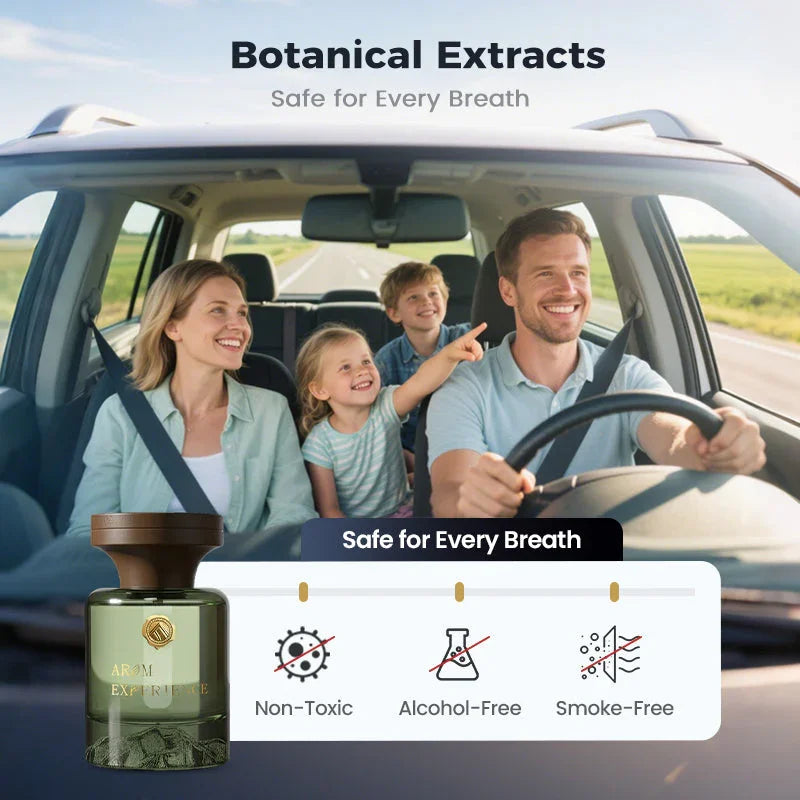 Happy family driving in car with botanical car air freshener, non-toxic alcohol-free, clarioy