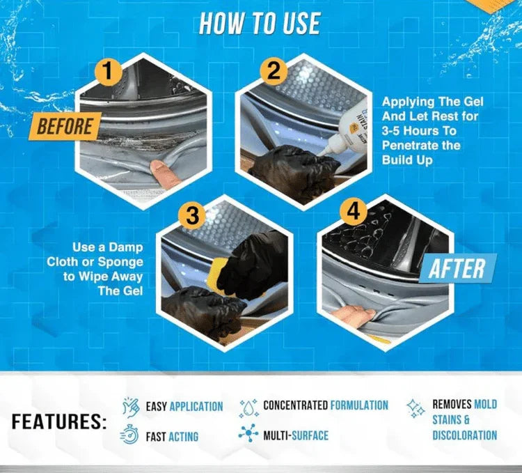 Step-by-step guide showing how to clean washing machine gasket with Clarioy gel cleaner.