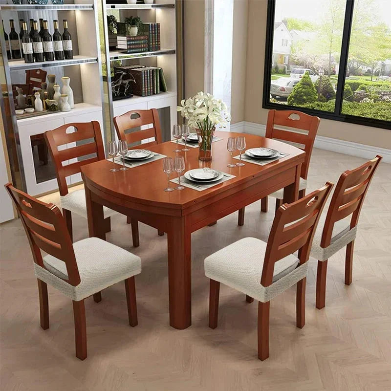 Modern dining room with wooden table, six chairs, tableware, and home decor from clarioy