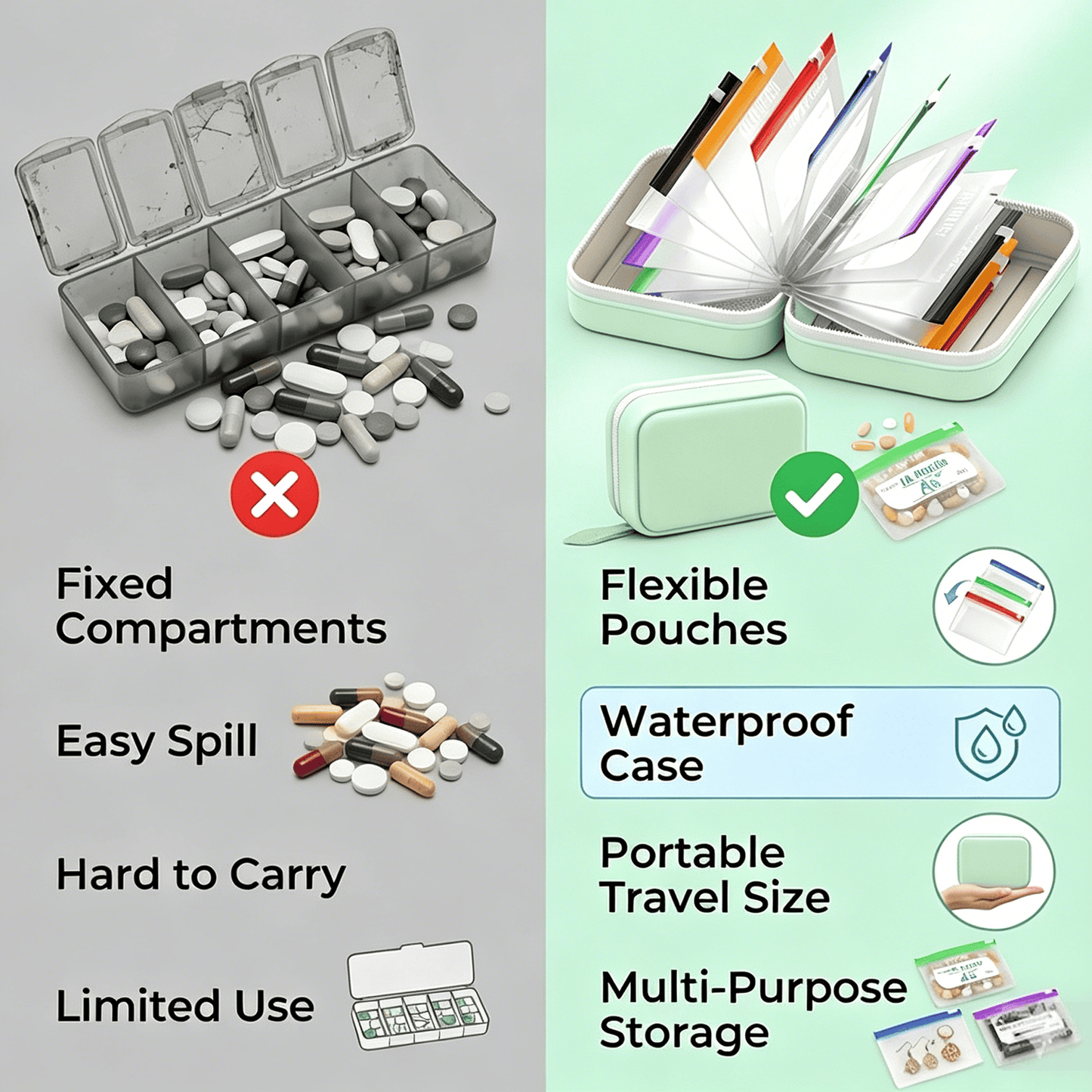 💊 A8 Waterproof 14 Color-Coded Pill Pouches Organizer – Portable Binder-Style Weekly Travel Medicine Storage Case for Pills, Vitamins & Supplements