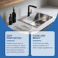 Modern kitchen sink with black faucet, soap dispenser, and stainless steel rack on clean counter, highlighting deep penetration cleaning and bright surface benefits from clarioy homeware products.